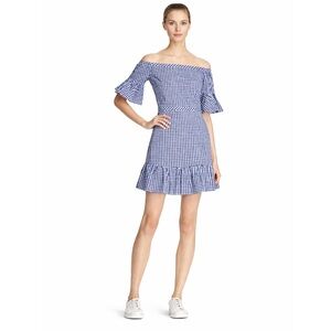 Lucy Paris Off-Shoulder Gingham Dress Navy White Ruffle Hem Size M (Fits S)